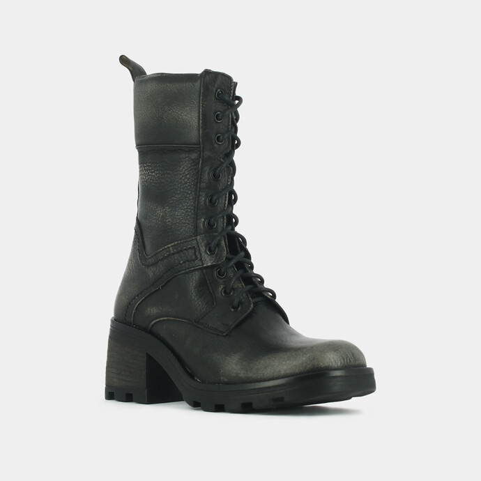 Boots à lacets, talons épais et semelles crantées  en cuir vieilli gris
