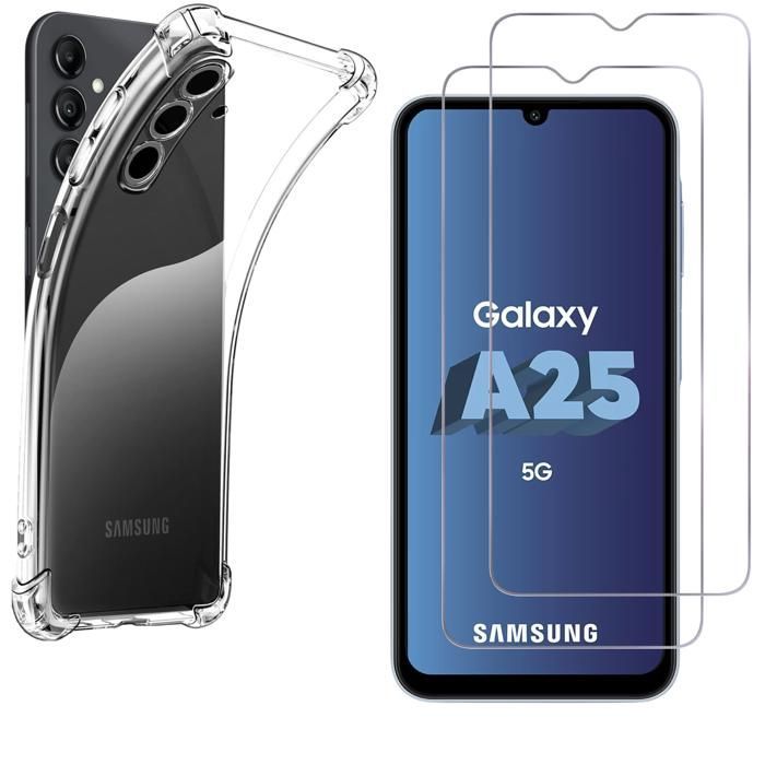 Shockproof case - Phonillico - Samsung Galaxy A25 5G - Soft silicone - 2 tempered glass screen protectors - Reinforced protection