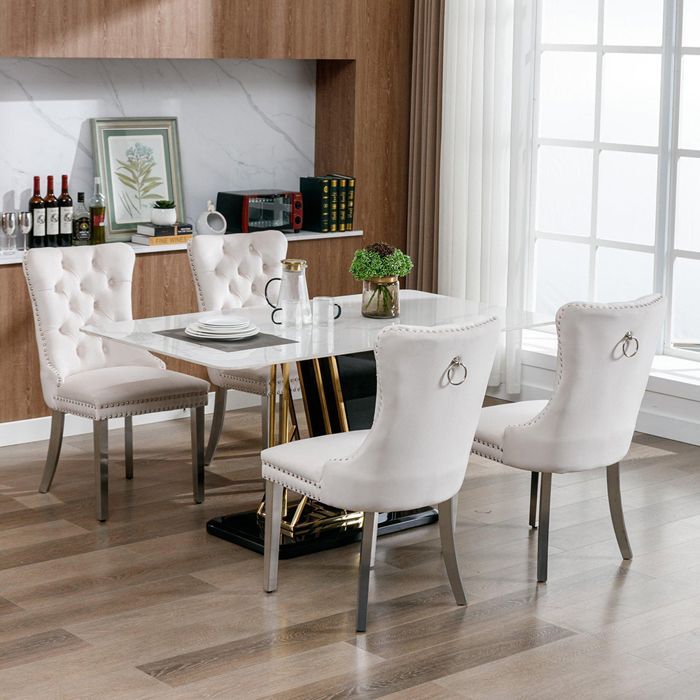 Lot de 2 Chaise de salle à manger, bois massif capitonné, velours, pieds chromés, garniture à clous, beige et chrome