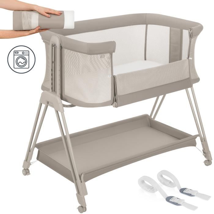 Lit cododo bébé 3en1 LIONELO Luna - Berceau - 4 x Roulettes - Matelas inclus - Hauteur et inclinaison réglables - Beige