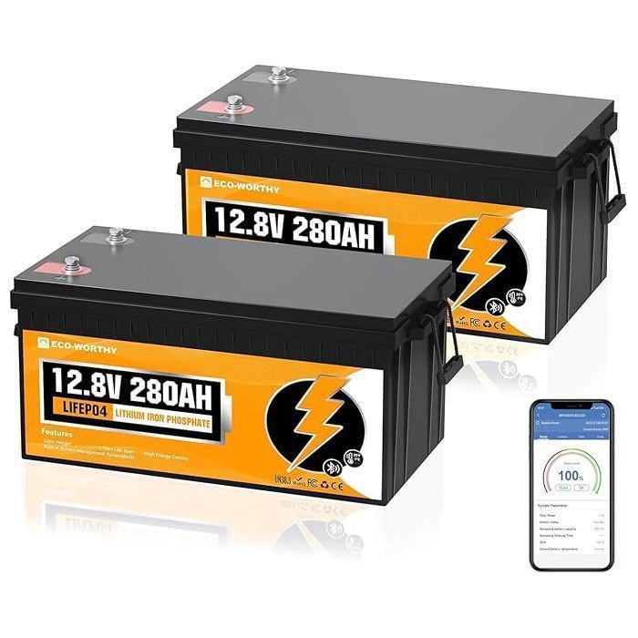 ECO-WORTHY Batterie lithium Bluetooth 12V 280Ah x 2 Batterie Lifepo4- 7168WH - 6000+ cycles -200A BMS pour  Camping Car