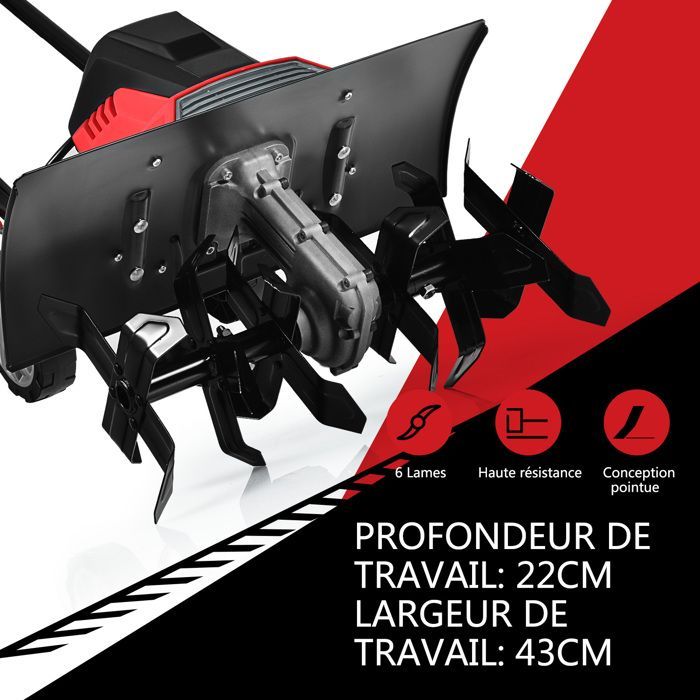 Motobineuse Motoculteur 1500W COSTWAY-Largeur 43cm,Profondeur 22cm-2 Roues Réglables-Bouclier-6 Fraises-Poignée Pliable-Rouge