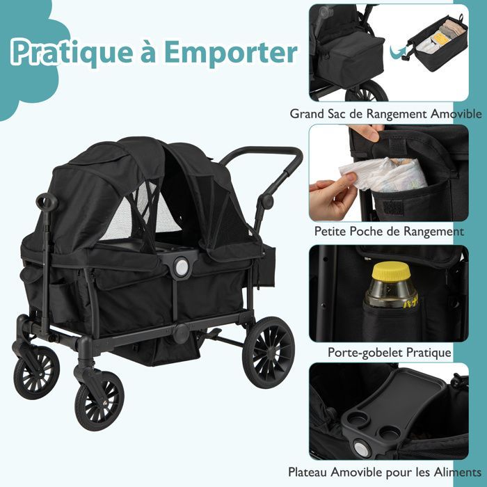 GOPLUS Poussette Double Pliable pour Bébé,Landau à 2 Places avec Roues Tout-terrain,Canopée Pliable,Poignée Réglable,Noir
