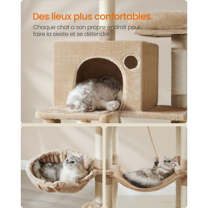 Arbre à Chat, Hauteur 206 cm, avec 13 Griffoirs, 2 Plate-forme, 2 Niches, Panier, Hamac, Pompon, Tissu Peluche, Marron Camel