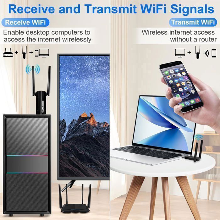Adaptador WiFi potente, antena WiFi USB 3.0 de doble banda AC1300 Mbps, dongle WiFi 2.4G/5GHz, compatible con Windows 11/10/8/7/XP.