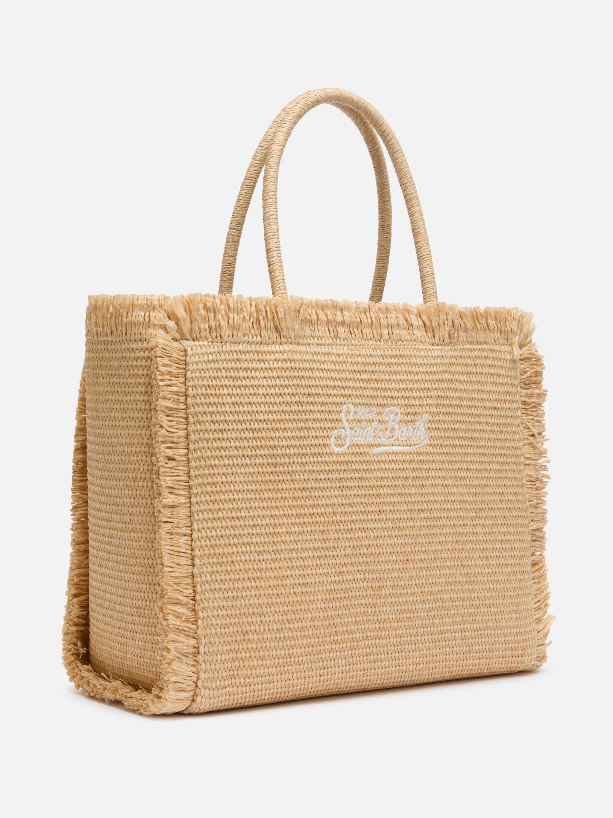 Vanity beige schoudertas met stro-effect