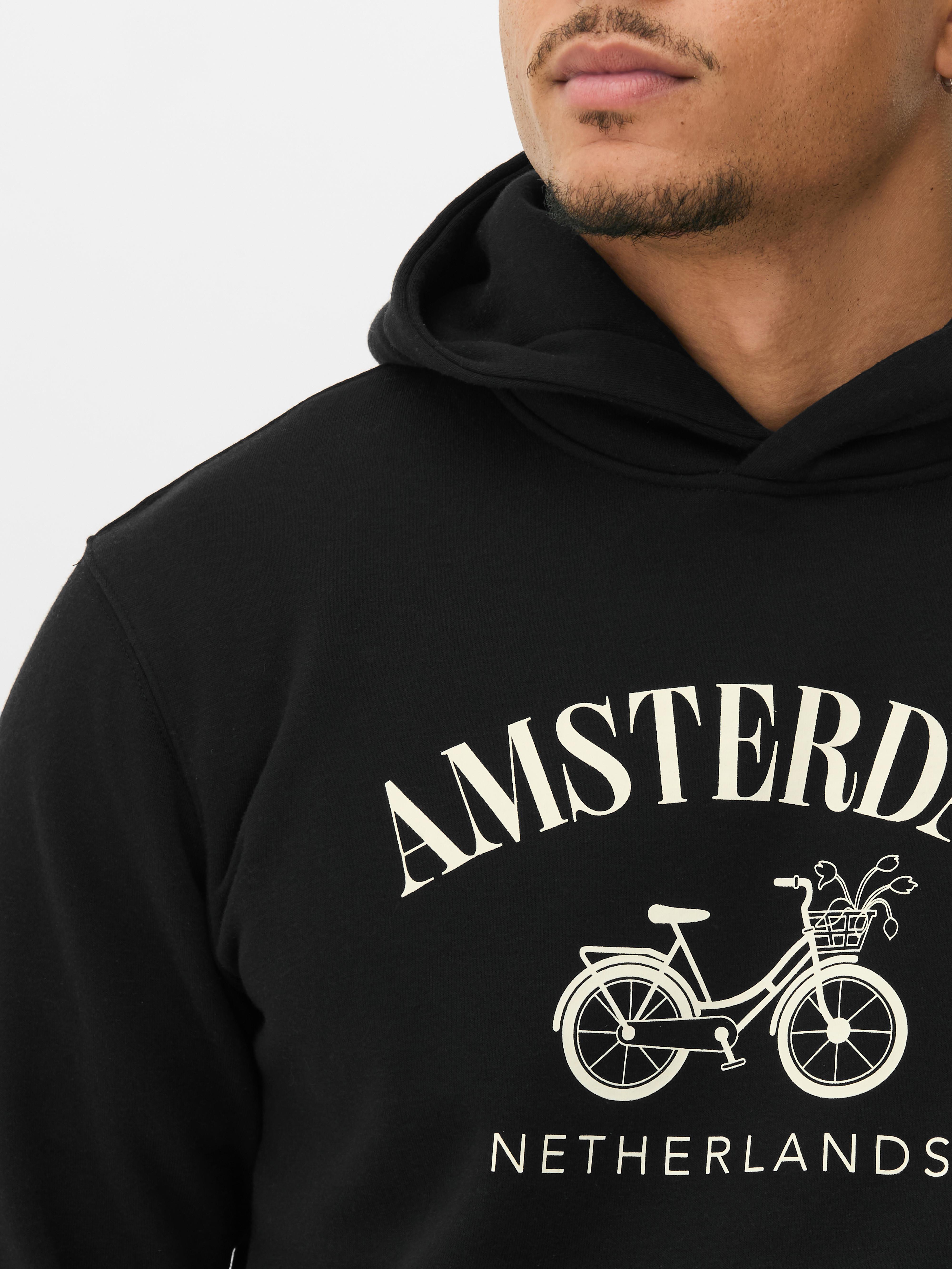 Hanorac cu imprimeu Amsterdam Hanorac casual din jerseu cu mâneci lungi, buzunar tip cangur și imprimeu contrastant Amsterdam pe piept