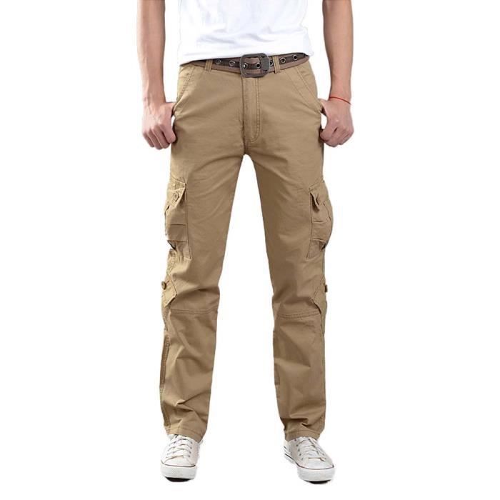 Pantalon Cargo Homme en Coton INSFITY - Coupe Droite Multi-poches Style Militaire - Kaki