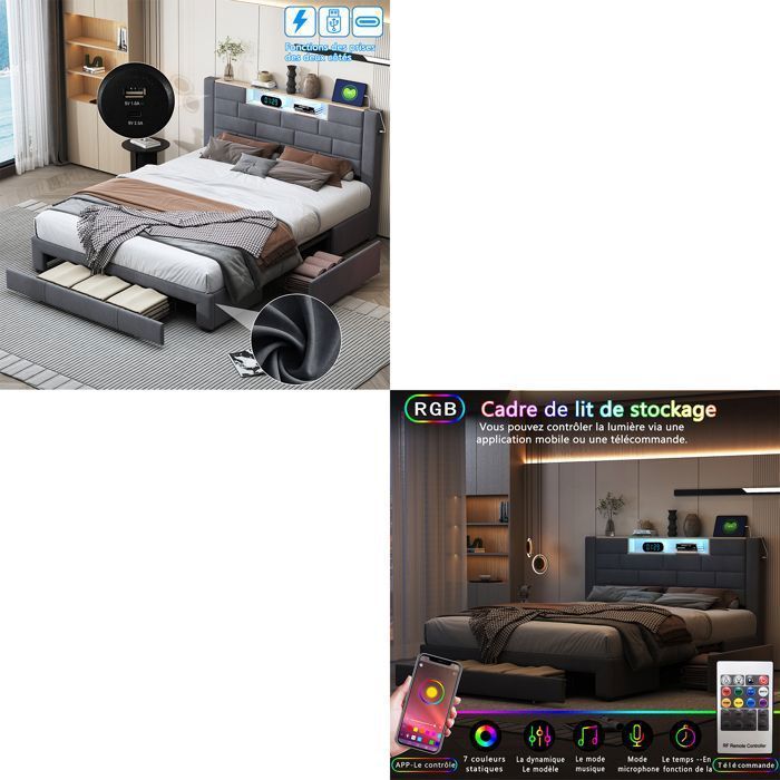 Lit 140x190 cm - COZY - LED - tissu en velours - cadre de lit double 140x190 cm - gris