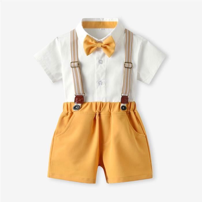 Conjunto de ropa para bebé niño para boda/bautizo: camisa con pajarita y pantalones cortos con tirantes - Amarillo