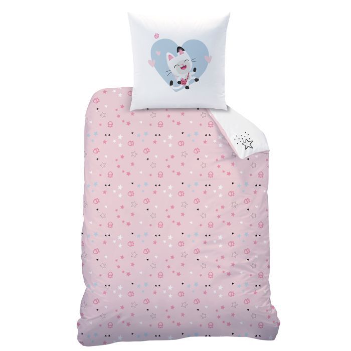 Juego de ropa de cama infantil 100% algodón - GABBY Y LA CASA DE LOS CORAZONES MÁGICOS - Blanco/Rosa - 140x200+63x63cm