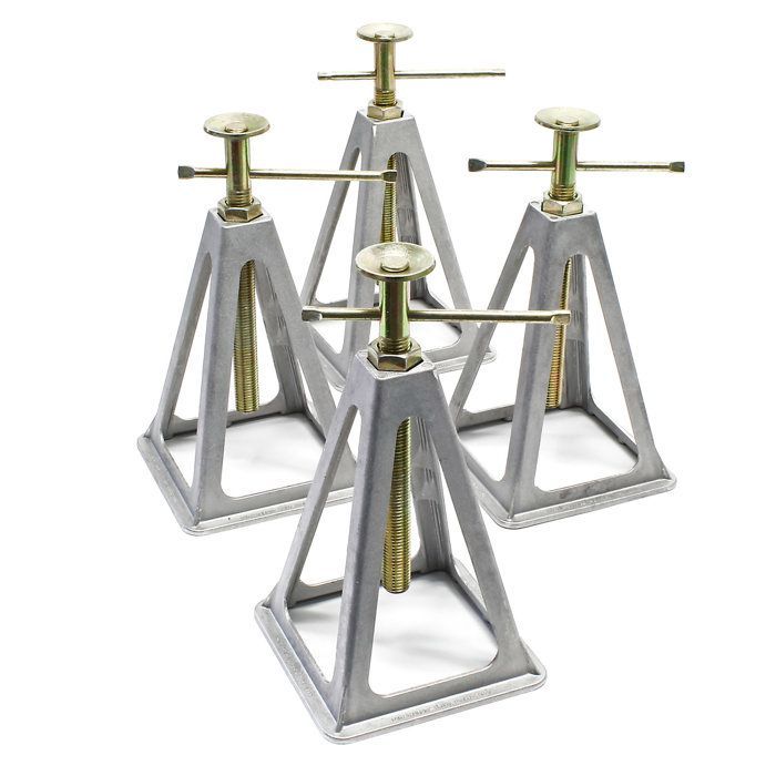 Juego de 4 soportes estabilizadores Wiltec – Aluminio y acero – Capacidad de carga 900 kg/pieza – Altura ajustable 28-43 cm – para camping