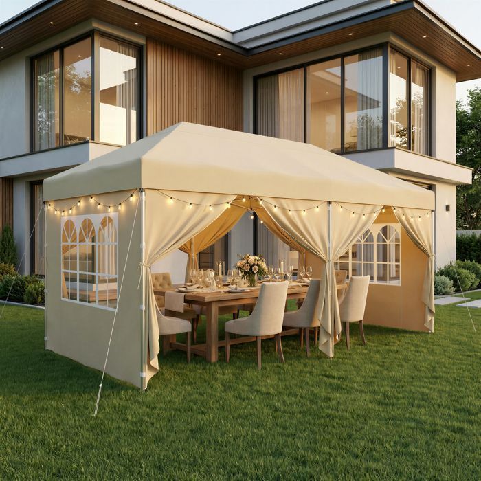 Tonnelle, Protection Solaire, Tente de Jardin, Portable, avec Parois, Usage Extérieur, 6 x 3 m, Beige