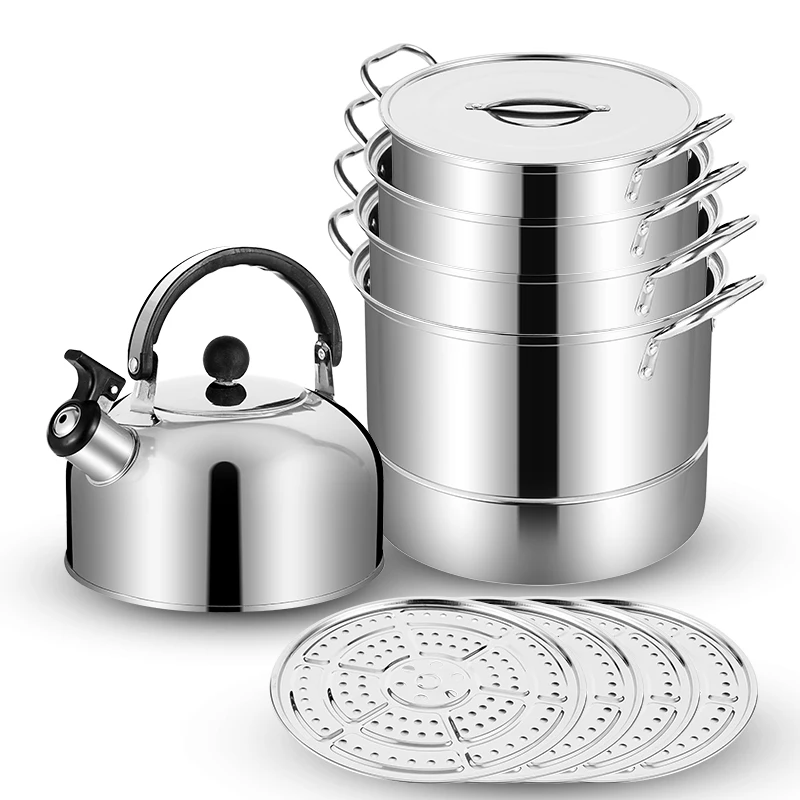 Ensemble de casseroles en acier inoxydable 4/5 avec bouilloire et panier vapeur, sans sélection de plaque de cuisson, idéal pour la cuisine et le camping.