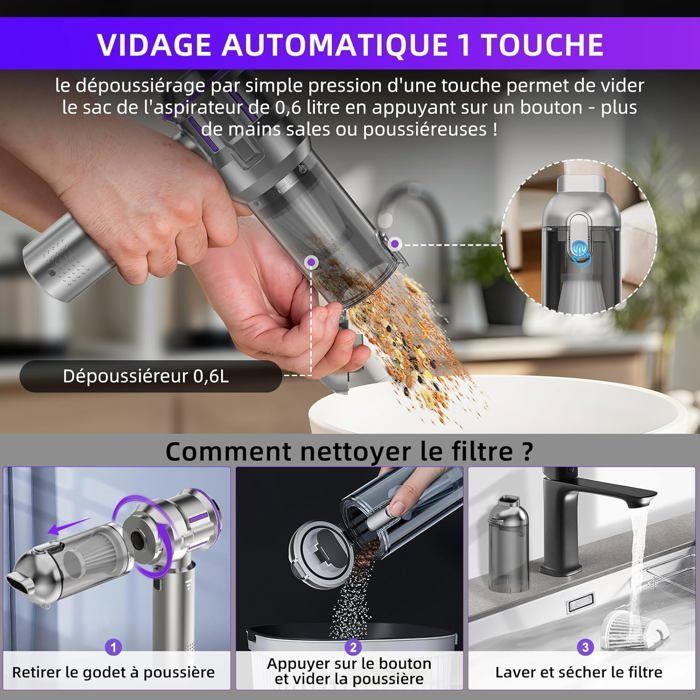 Handheld Vacuum Cleaner, 22000Pa Powerful 4-in-1 Car Vacuum with 1-Touch Automatic Emptying, Brushless Motor with 3 Power Levels