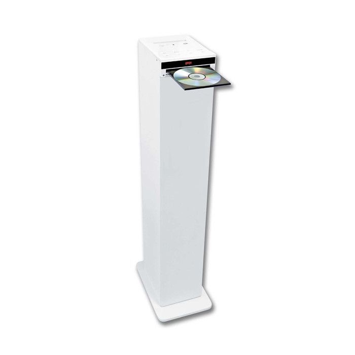 Tour de son Colonne HIFI Blanche avec lecteur CD, Bluetooth, RADIO FM USB, 60W, Téléco, Jeux de lumières Bagues LED EN CADEAUX