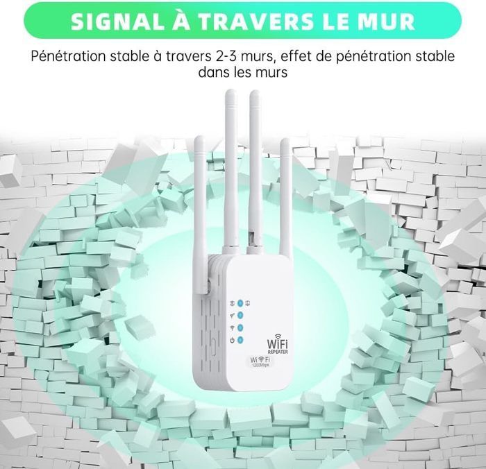 Repetidor WiFi - Amplificador WiFi de doble banda 2.4G/5G de 1200 Mbps - Blanco, 4 antenas, 2 puertos LAN - Compatible con decodificadores de Internet