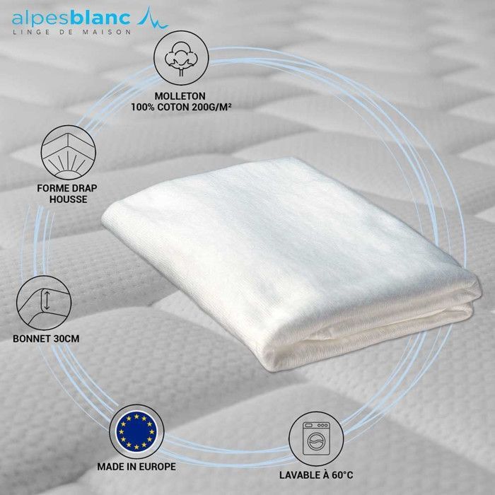 ALPES BLANC - Protector de colchón 100% algodón 200 g/m² 1440x190 cm – Bolsillos profundos para un ajuste perfecto, protección y confort duradero.