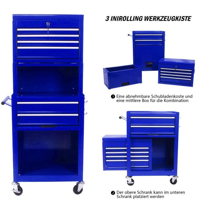 Servante d'atelier 2 en 1 -Caisse a outil -Chariot à roulettes -6 Tiroirs verrouillables rangement -Bleu-53 x 33 x 133 cm