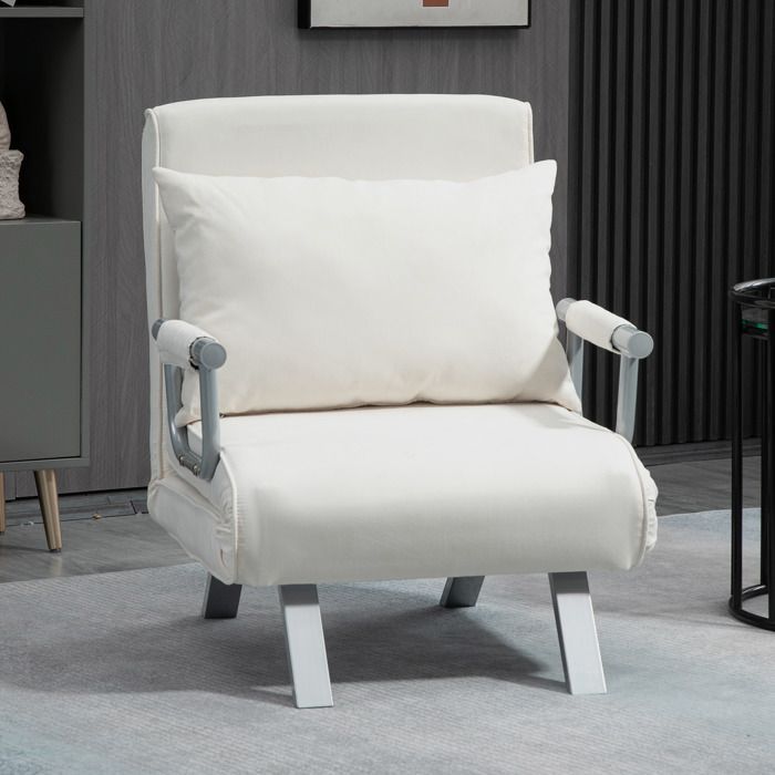 Lounge-Sessel/Schlafsofa - HOMCOM - 1-Sitzer mit abnehmbarem Bezug, Kissen, Beinen und Armlehnen - Metall und Veloursleder - weiß