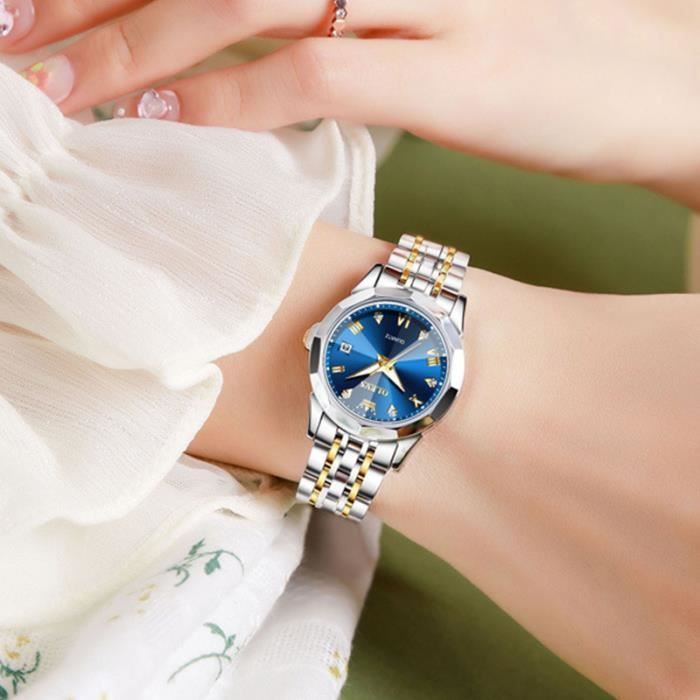 Montre femme de luxe de marque haute qualité mode bracelet en acier étanche à l'eau afficher le calendrier diamant bleu