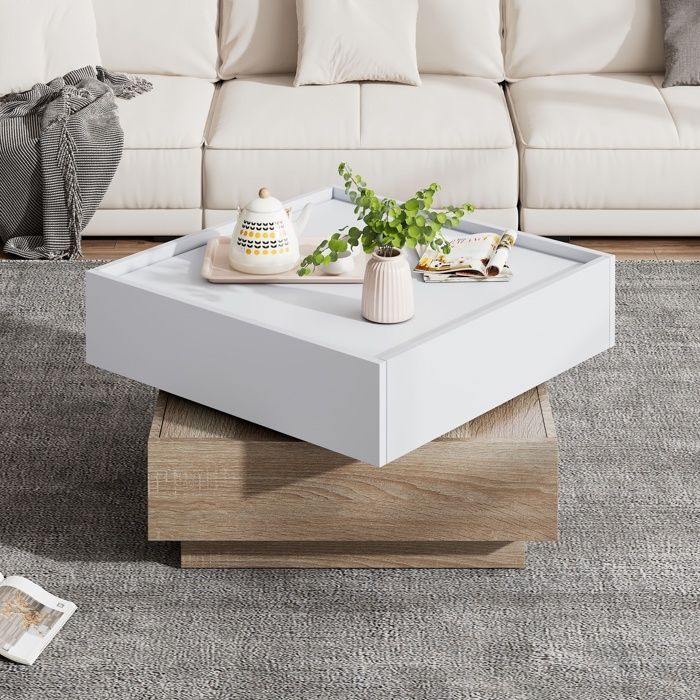 Square Coffee Table with 2 Drawers and 360° Swivel Top, Modern Design Side Table 60x60x38cm Walnut