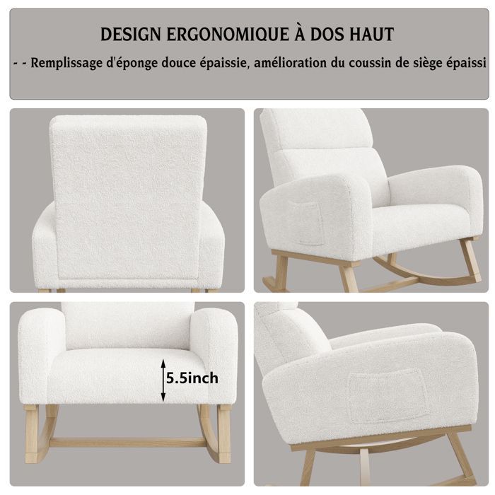 Rocking Chair, Nursing Rocking Chair with Side Pockets, Solid Wood Legs for Living Room/Bedroom, White