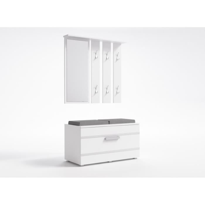KATHI - Mueble de recibidor con espejo y banco - Dimensiones 41x85x180 cm - Banco para guardar zapatos - 6 ganchos - Perchero
