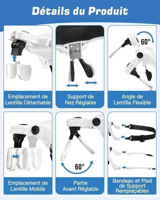 Loupe pour Tête - 2 lumières LED - Interchangeable 5 Lentilles 1.0X à 3.5X - pour Travaux Manuels,Lecture,Réparation de Montres