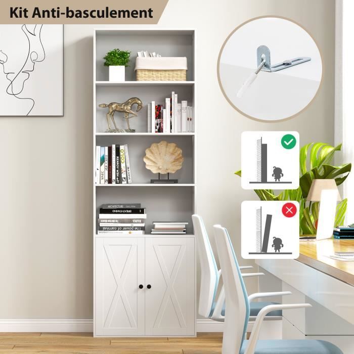 COSTWAY 180 CM Bibliothèque 4 Niveaux avec Armoire à 2 Portes, Meuble Étagère de rangement avec Dispositif Anti-basculement, Blanc