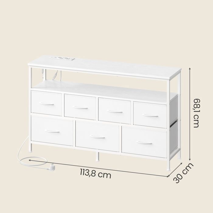 Cómoda con iluminación LED regulable y regleta, 7 cajones de tela, estilo moderno, dormitorio, blanca