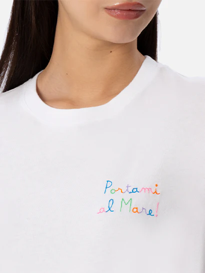 Emilie dames T-shirt met ronde hals van katoenen jersey met Porta-borduurwerk.