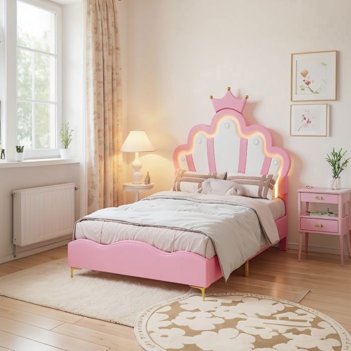 Cama individual, cama infantil tapizada de 90x200cm, base de láminas, con LED, cama princesa con forma de corona, PU, rosa