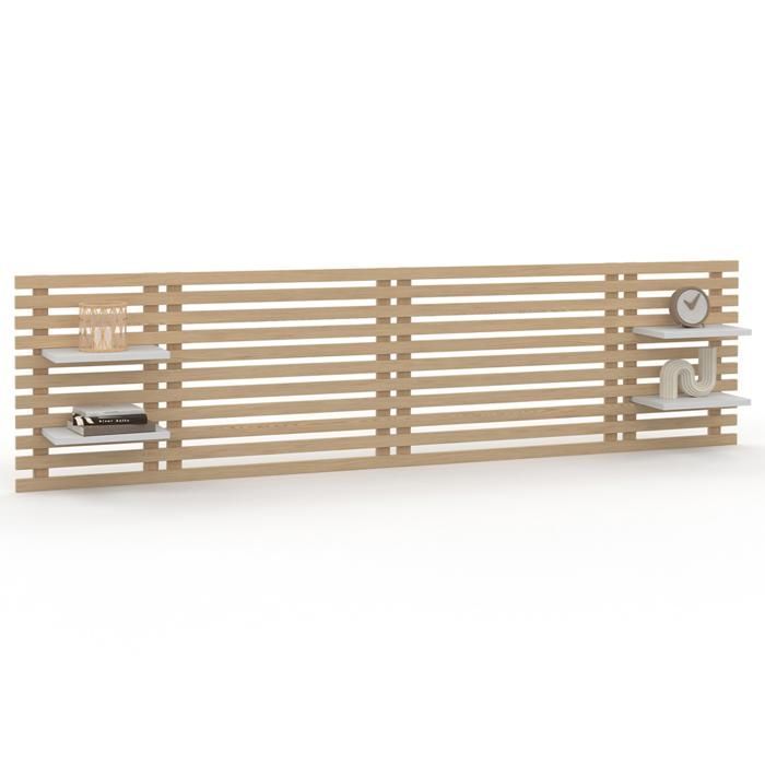 Cabecero suspendido de lamas IDMARKET AVA de 240 cm en madera clara con estantes blancos.