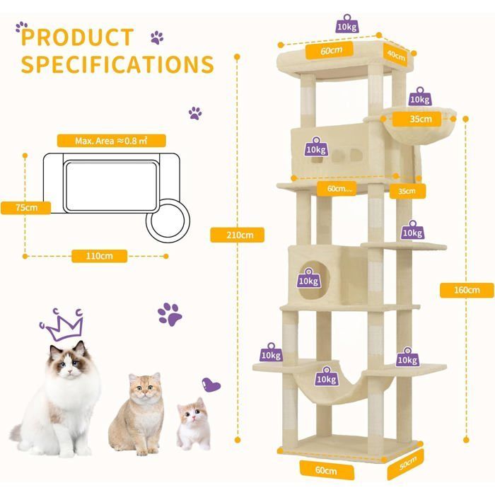 Árbol rascador grande para gatos de 210 cm, torre para gatos de interior, con percha grande, alfombrilla lavable, 2 cuevas para gatos, hamaca, color beige.