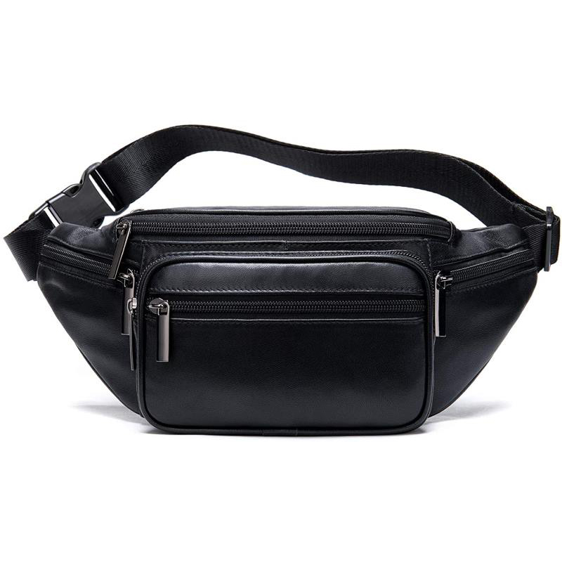 Sac banane de luxe en cuir d'agneau pour femme, idéal pour les soirées et les clubs. Pochette banane mains libres noire.