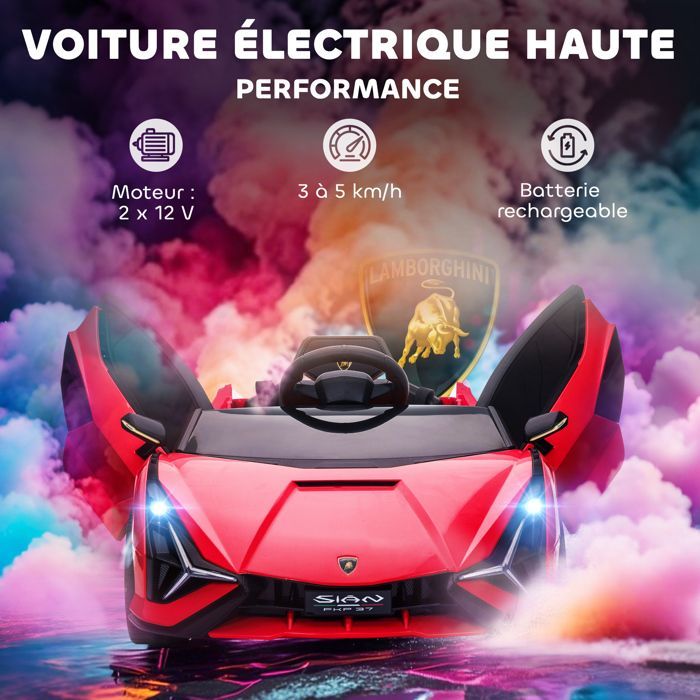 Coche eléctrico infantil - HOMCOM - Lamborghini Sian 12V con mando a distancia 2.4G, efectos de sonido y luces LED - ABS - Rojo