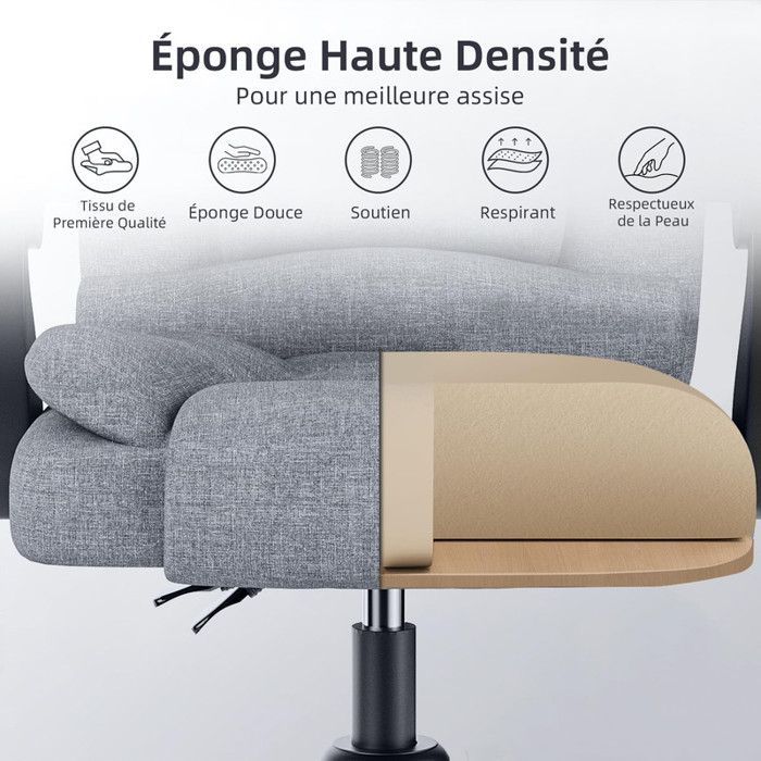 Silla de oficina BIGZZIA, sillón con asiento ancho acolchado, asiento ergonómico de tela de lino, altura ajustable 10 cm, gris.