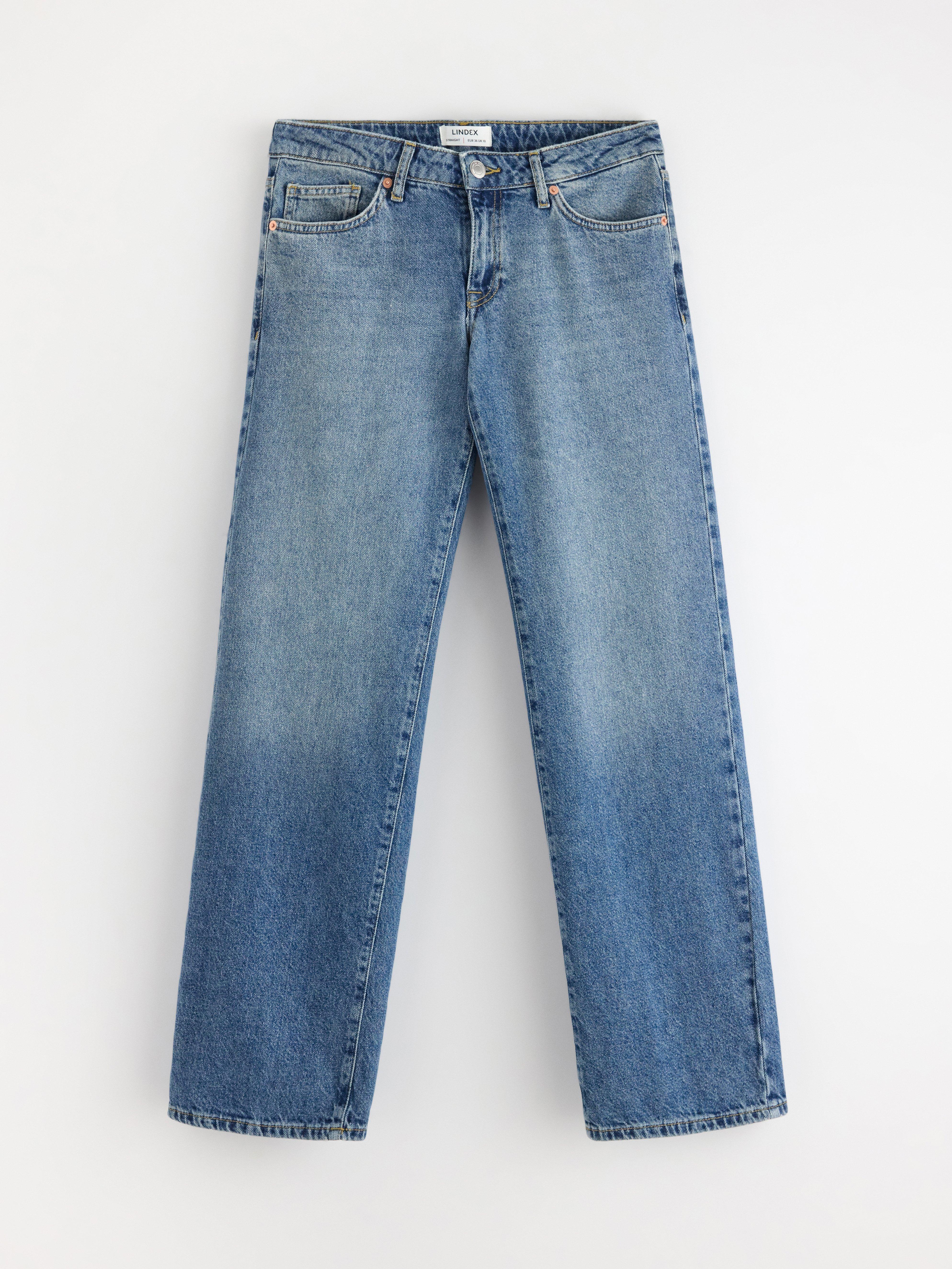 Calça jeans reta de cintura baixa, azul denim.