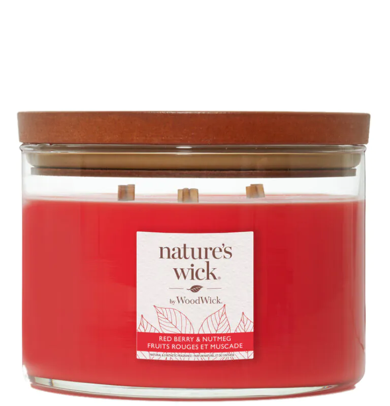 Woodwick Natures Wick Świeca w Szkle z 3 Drewnianymi Knotami Redberry & Nutmeg