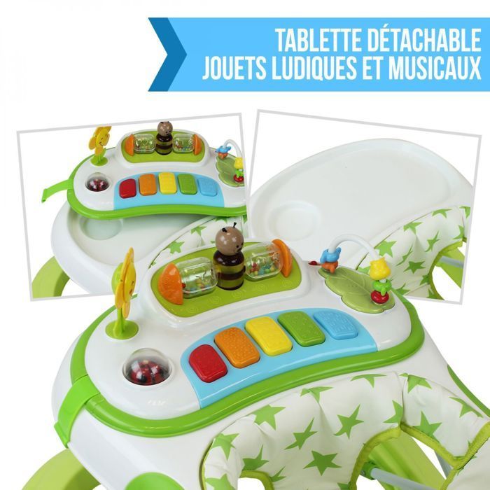 Trotteur bébé évolutif musical pliable réglable en hauteur - Vert - Monsieur Bébé