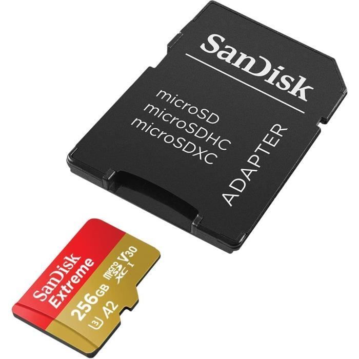 Scheda di memoria microSDXC SanDisk Extreme da 256 GB + adattatore SD con prestazioni app A2 fino a 190 MB/s/130 MB/s, C