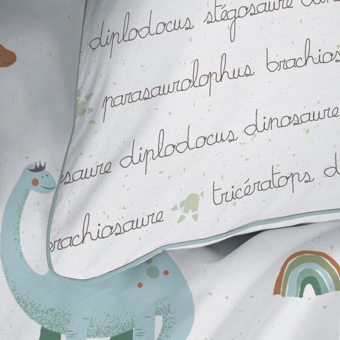 Parure de lit enfant 100% coton - MATT & ROSE - DINOS - Blanc - 140x200+63x63cm