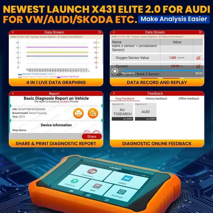 Launch X431 Elite 2.0 Pro, herramienta de diagnóstico para vehículos VW, Audi, Skoda y Seat, escáner bidireccional para vehículos VAG.