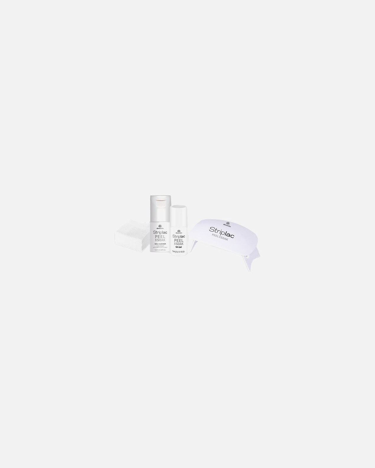 Alessandro UV-Nagellack Peel-or-Soak vrchný lak 5 ml + Nagelreiniger 15 ml + Reinigungspads 25er-Pack + LED-Lampe 1 ks