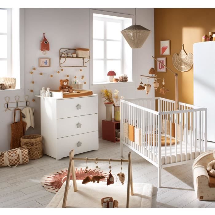 Commode à langer - Babyprice - Basic - 3 tiroirs - Blanche - Boutons étoiles grises