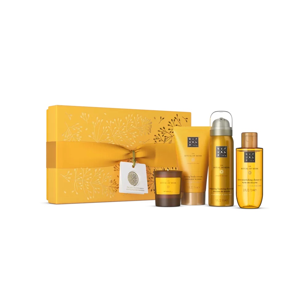 Darčeková sada Ritual of Mehr S penový sprchový gél 50 ml, sprchový olej 75 ml, telový krém 70 ml, vonná sviečka 25 g