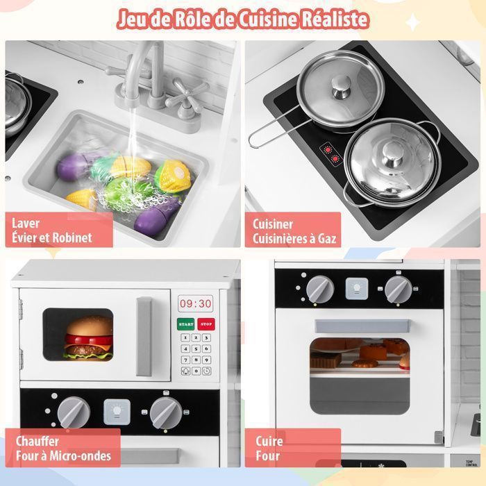 COSTWAY Kinderkeuken voor kinderen vanaf 3 jaar, 7 accessoires, waterdispenser, magnetron, oven, wasmachine, geluiden en lichtjes