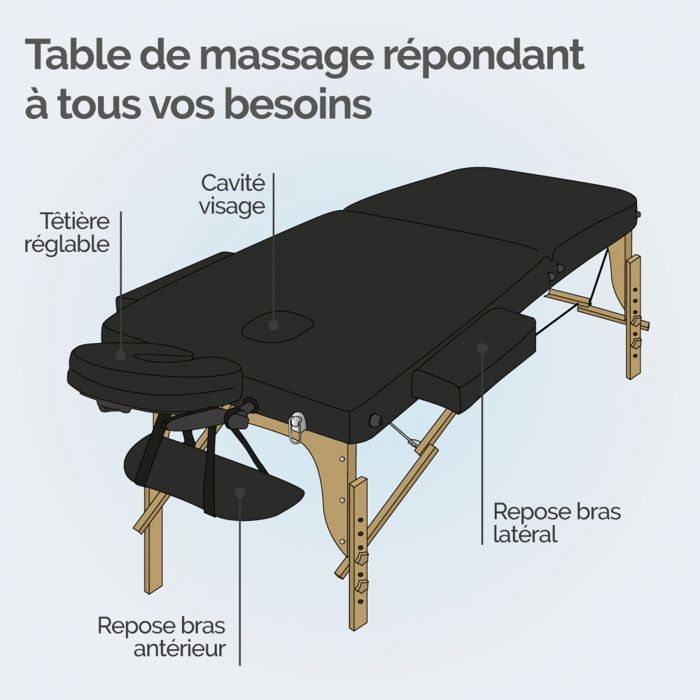 Table de massage 15 cm pliante 2 zones en bois avec panneau Reiki + Accessoires et housse de transport - Noir - Vivezen