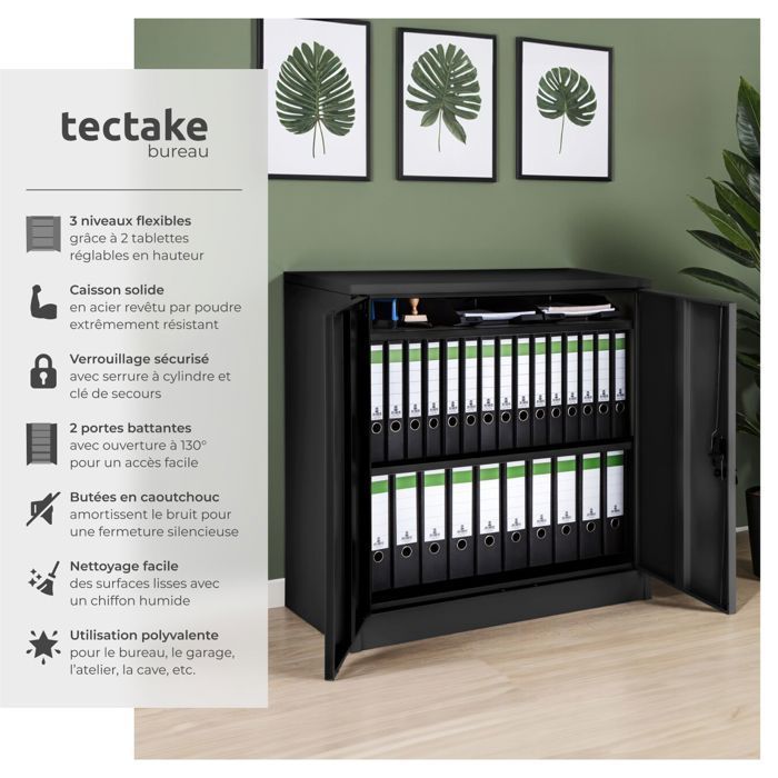 Office storage - TECTAKE - Metal filing cabinet with 2 adjustable shelves and 2 keys - 90 cm x 40 cm x 90 cm - Black